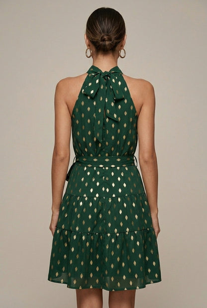 Geometric Halter Tiered Mini Dress