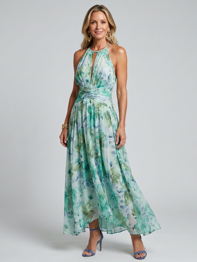 Floral Chiffon Halter Maxi Dress