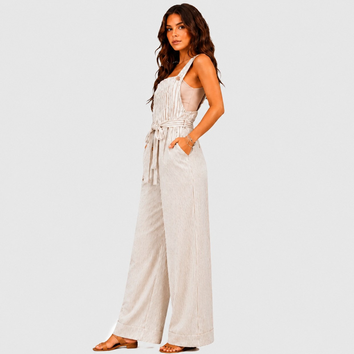 Striped Button Front Tie Jumpsuit