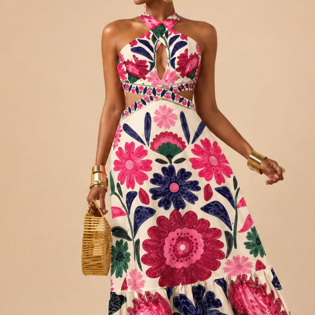 Floral Halter Cutout Maxi Dress