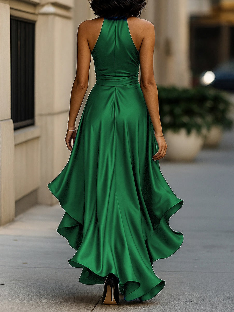 Satin Halter Wrap Maxi Dress