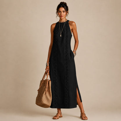 Linen Halter Crochet Maxi Sundress