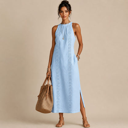 Linen Halter Crochet Maxi Sundress