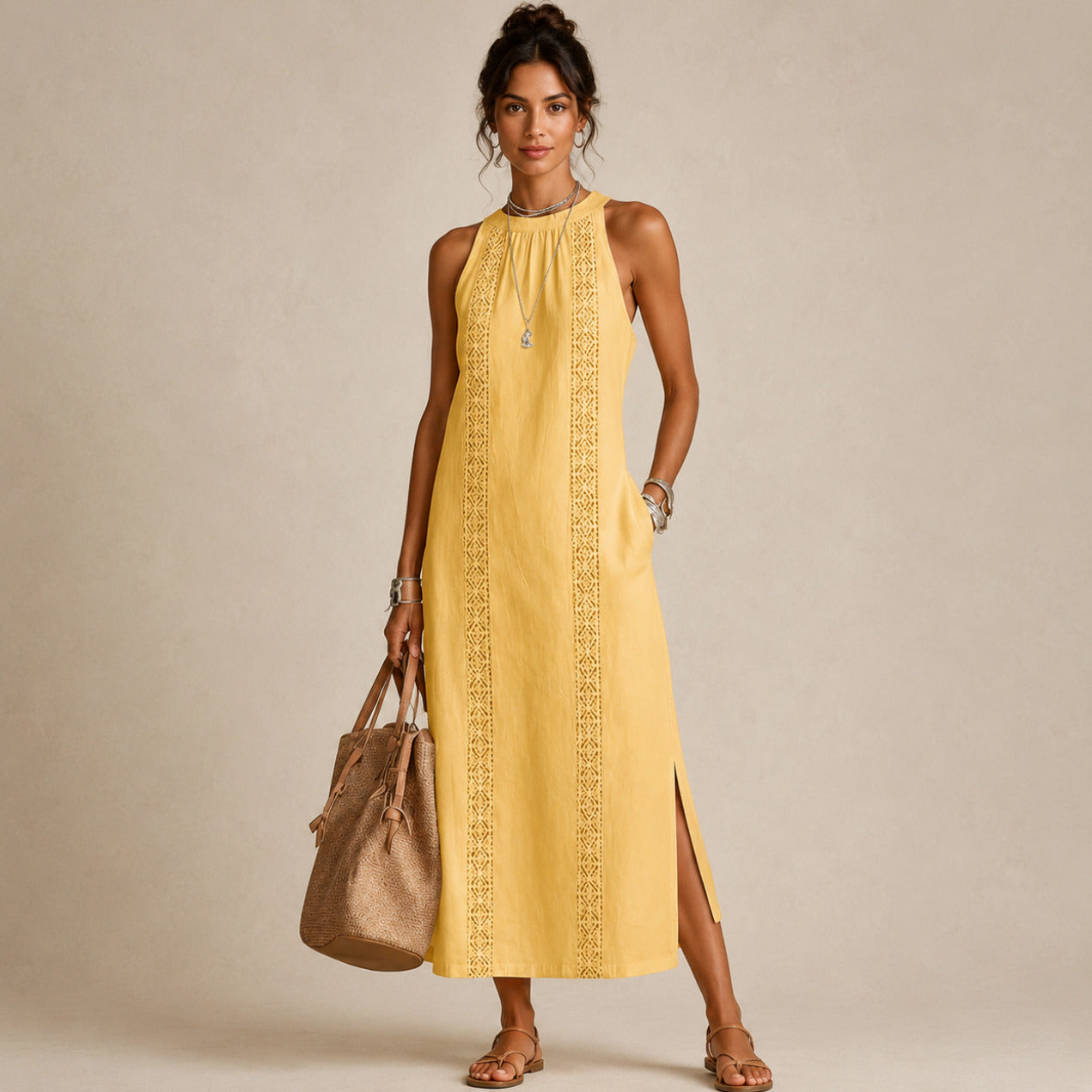 Linen Halter Crochet Maxi Sundress