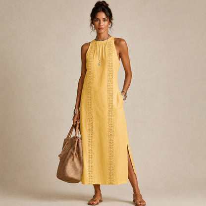 Linen Halter Crochet Maxi Sundress