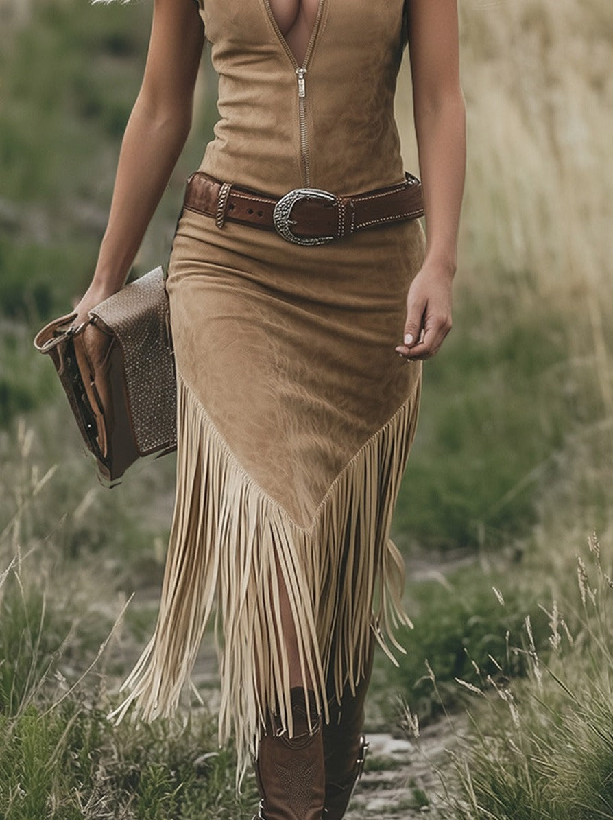 Suede Zip Front Fringe Dress