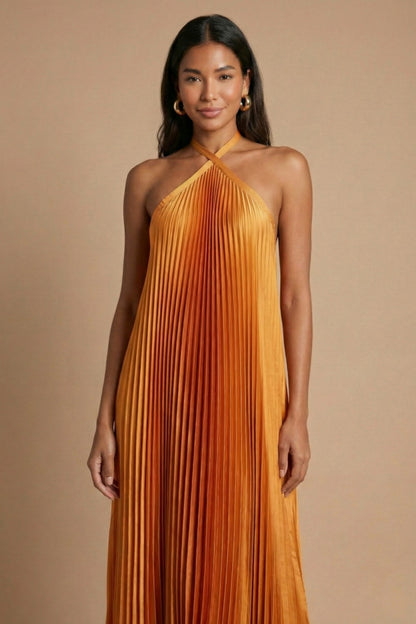 Satin Halter Pleated Maxi Dress