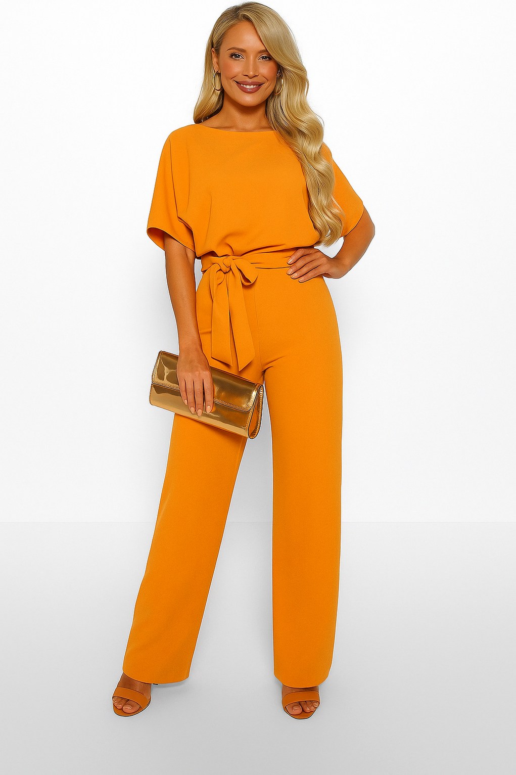 Short Sleeve Tie Waist Jumpsuit