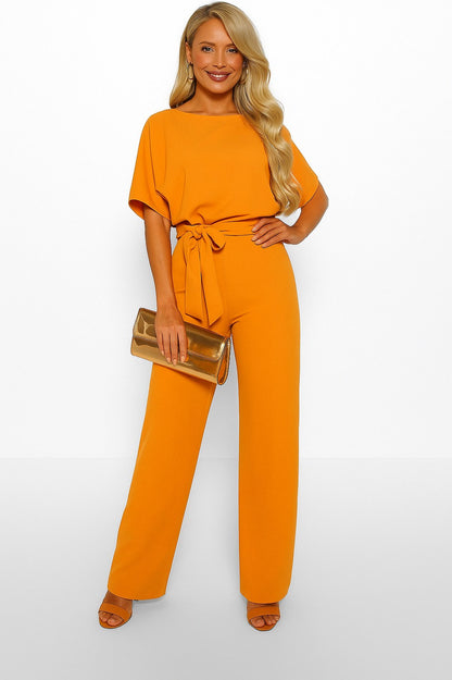 Short Sleeve Tie Waist Jumpsuit