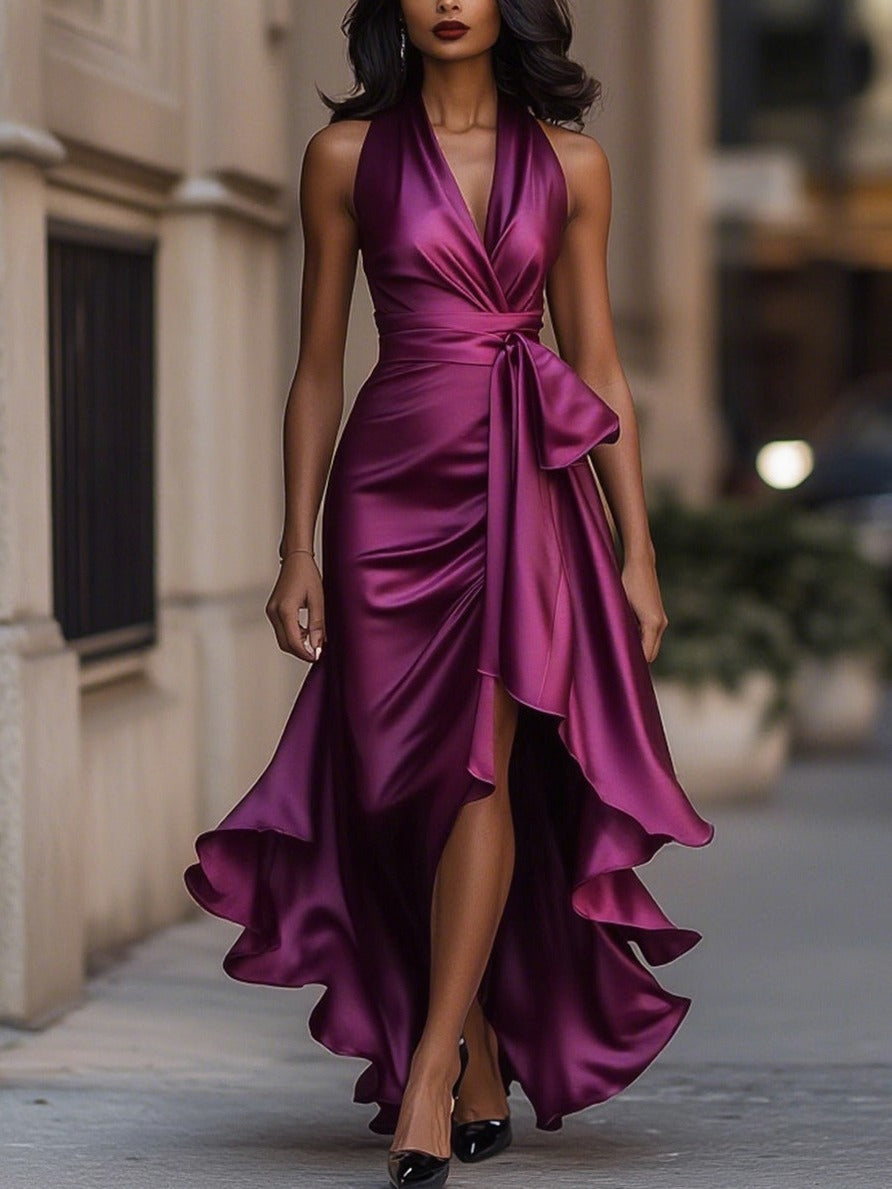 Satin Halter Wrap Maxi Dress
