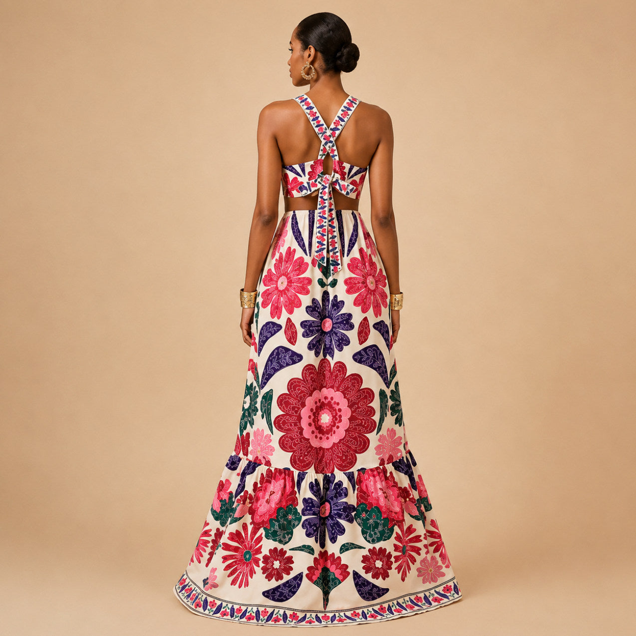 Floral Halter Cutout Maxi Dress