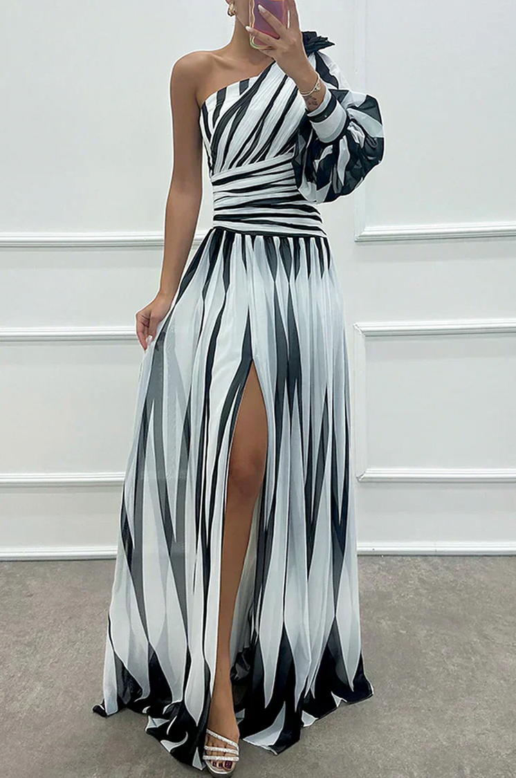 One Shoulder Striped Maxi Dress