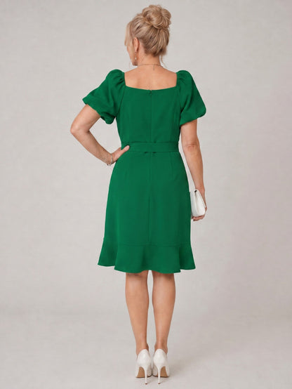Square Neck Puff Sleeve Wrap Dress