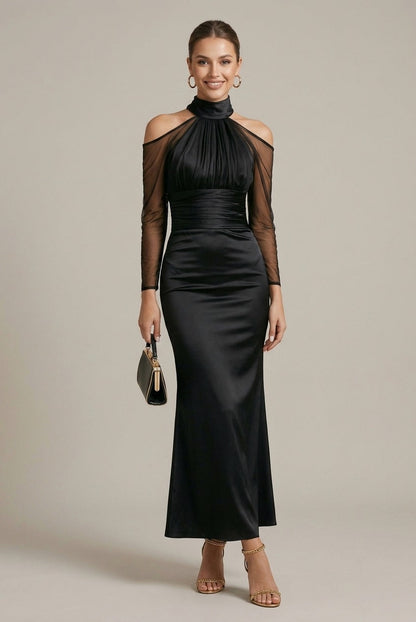 Satin Halter Mesh Sleeve Gown