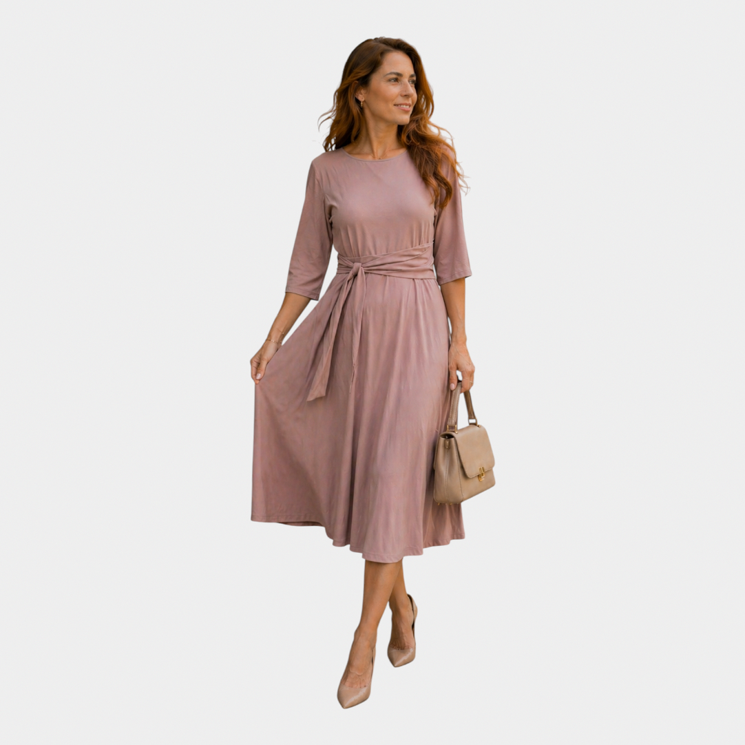 3/4 Sleeve Tie Waist Midi Dress