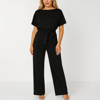 Short Sleeve Tie Waist Jumpsuit