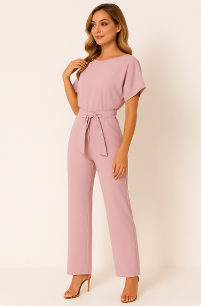 Short Sleeve Tie Waist Jumpsuit