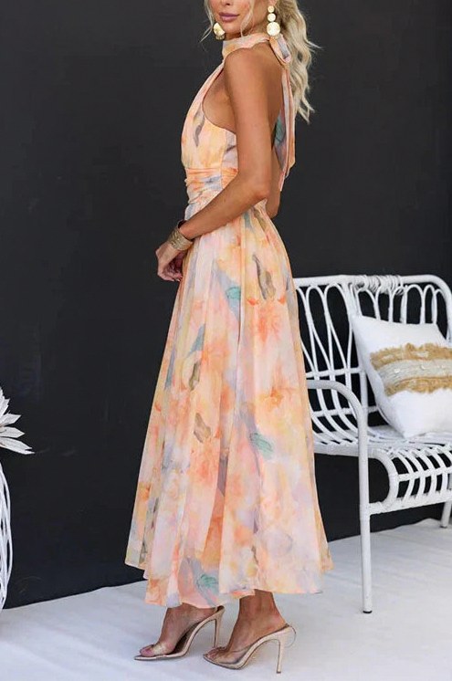 Floral Chiffon Halter Maxi Dress