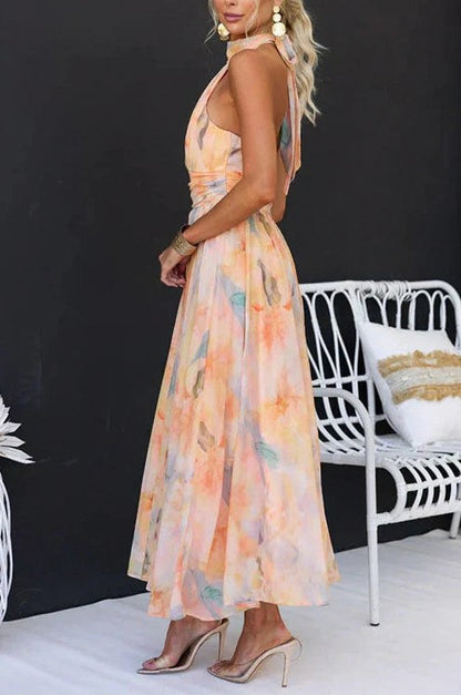 Floral Chiffon Halter Maxi Dress