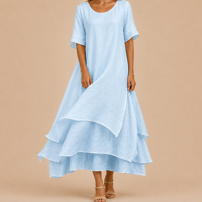 Short Sleeve Tiered Linen Maxi Dress