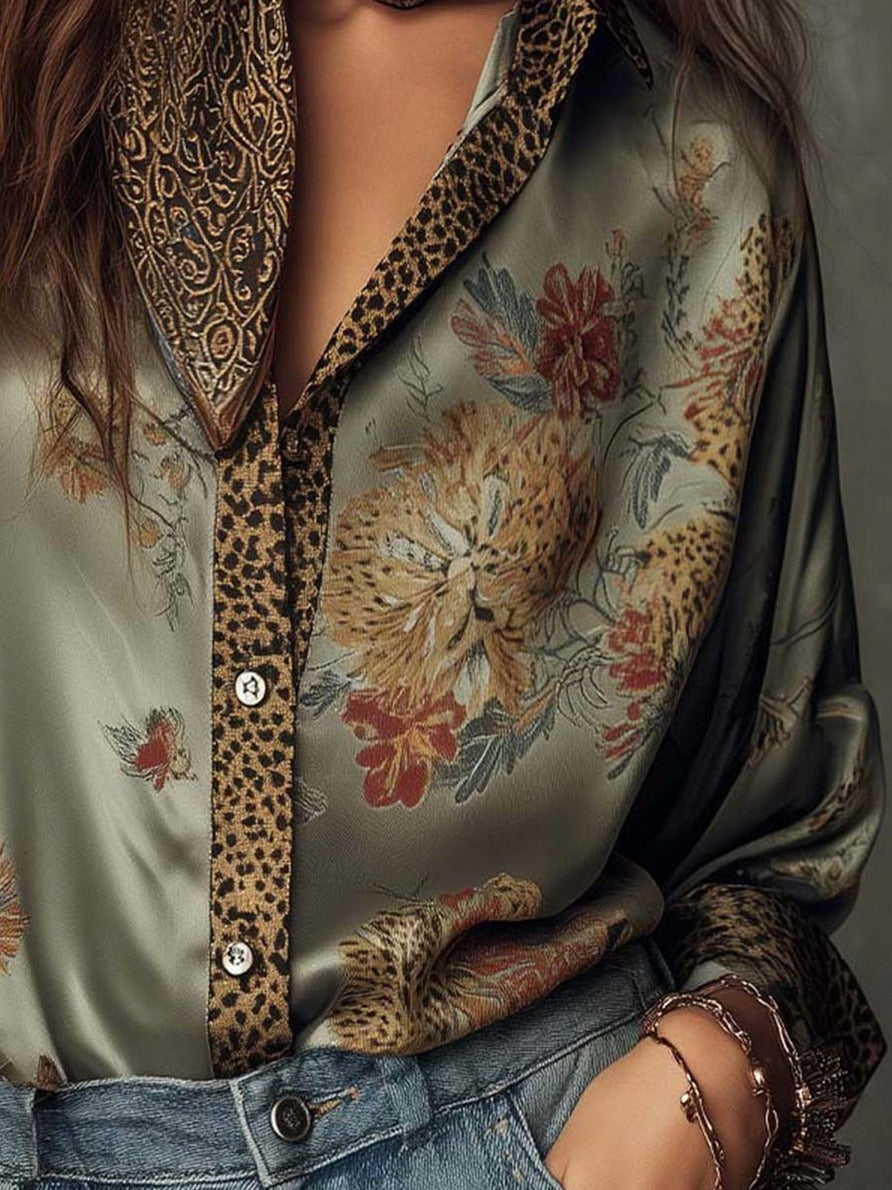 Floral Satin Button Front Blouse