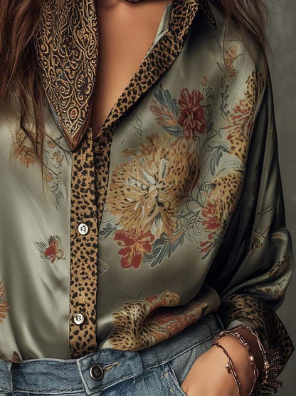 Floral Satin Button Front Blouse
