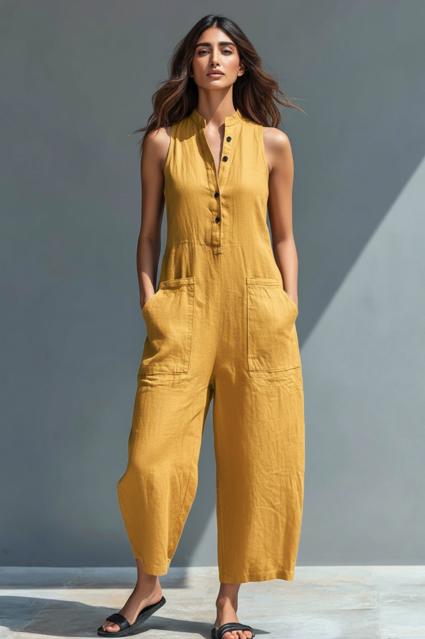 Sleeveless Button Front Wide Leg Jumpsuit