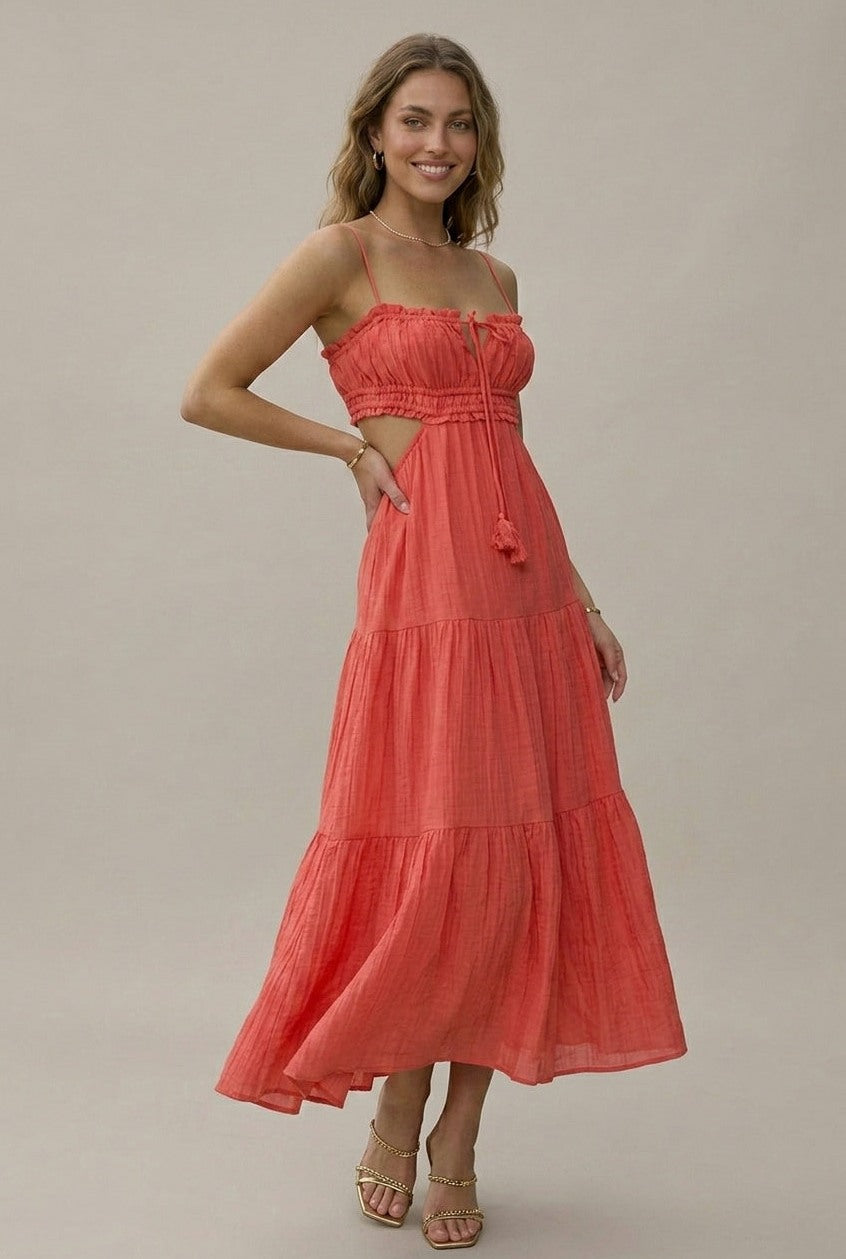 Gauze Cutout Tiered Maxi Sundress