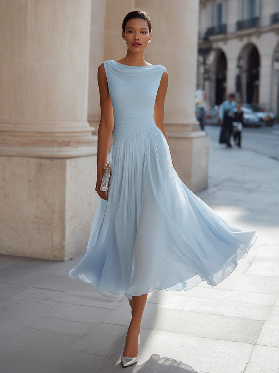 Cowl Neck Pleated Midi Dress