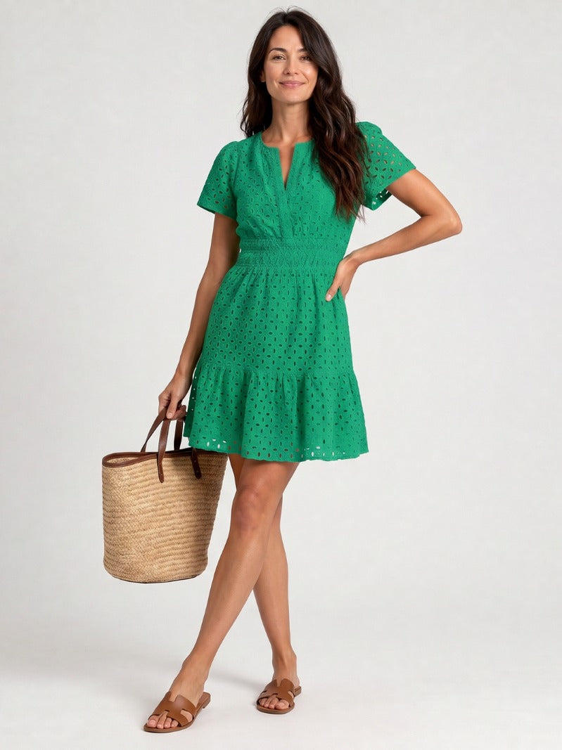 Eyelet Smocked Tiered Mini Dress