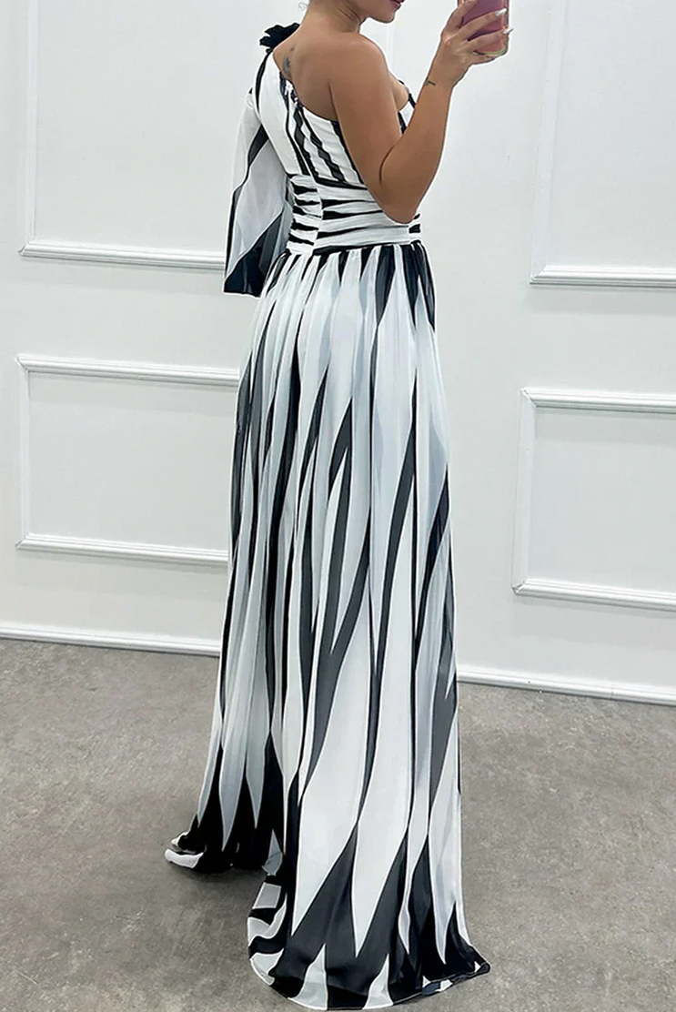 One Shoulder Striped Maxi Dress