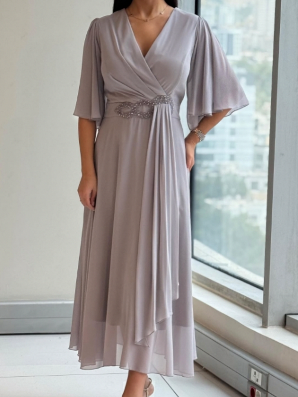 Chiffon Draped Wrap Midi Dress