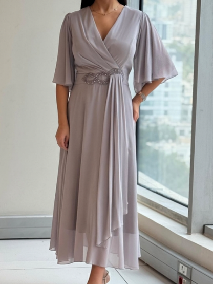 Chiffon Draped Wrap Midi Dress