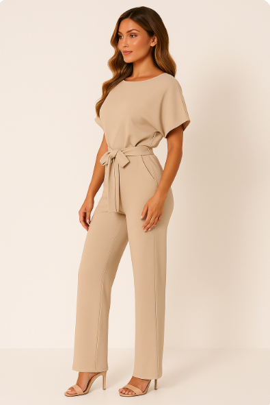 Short Sleeve Tie Waist Jumpsuit