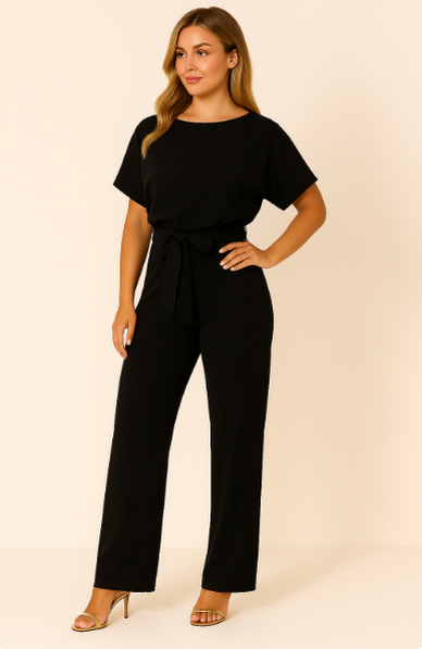 Short Sleeve Tie Waist Jumpsuit