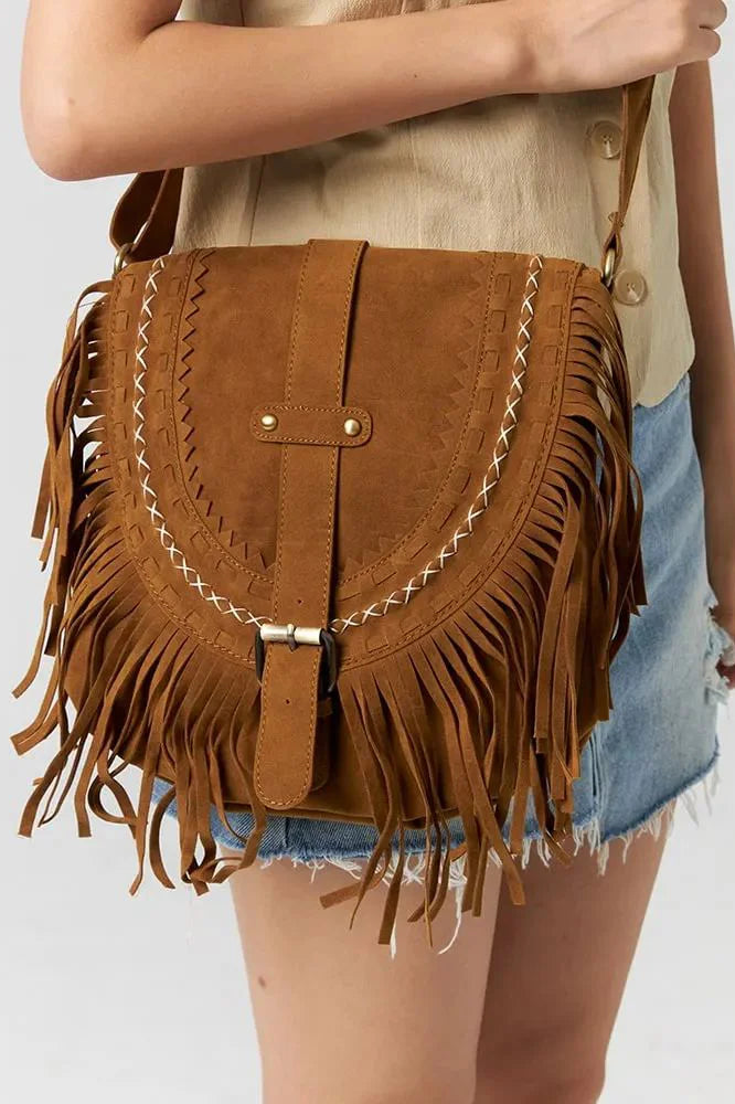 Brown suede crossbody bag with fringe