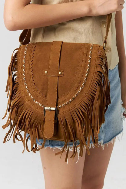 Brown suede crossbody bag with fringe