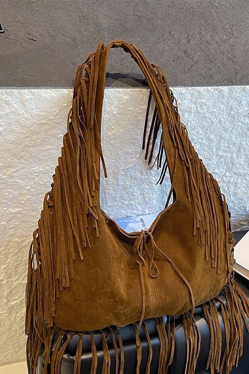 Brown suede hobo bag with fringe
