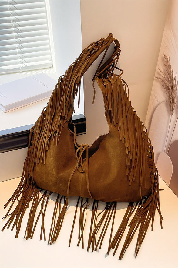 Brown suede hobo bag with fringe