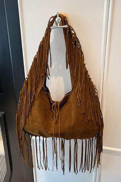 Brown suede hobo bag with fringe
