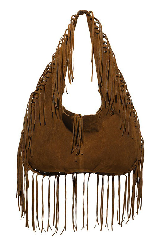 Brown suede hobo bag with fringe