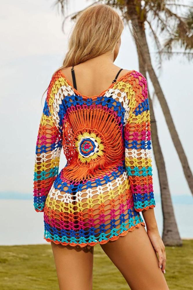 Woman wearing colorful crochet cover-up
