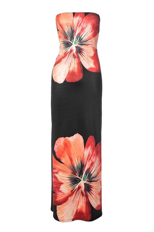 Woman in black strapless satin maxi dress with floral print