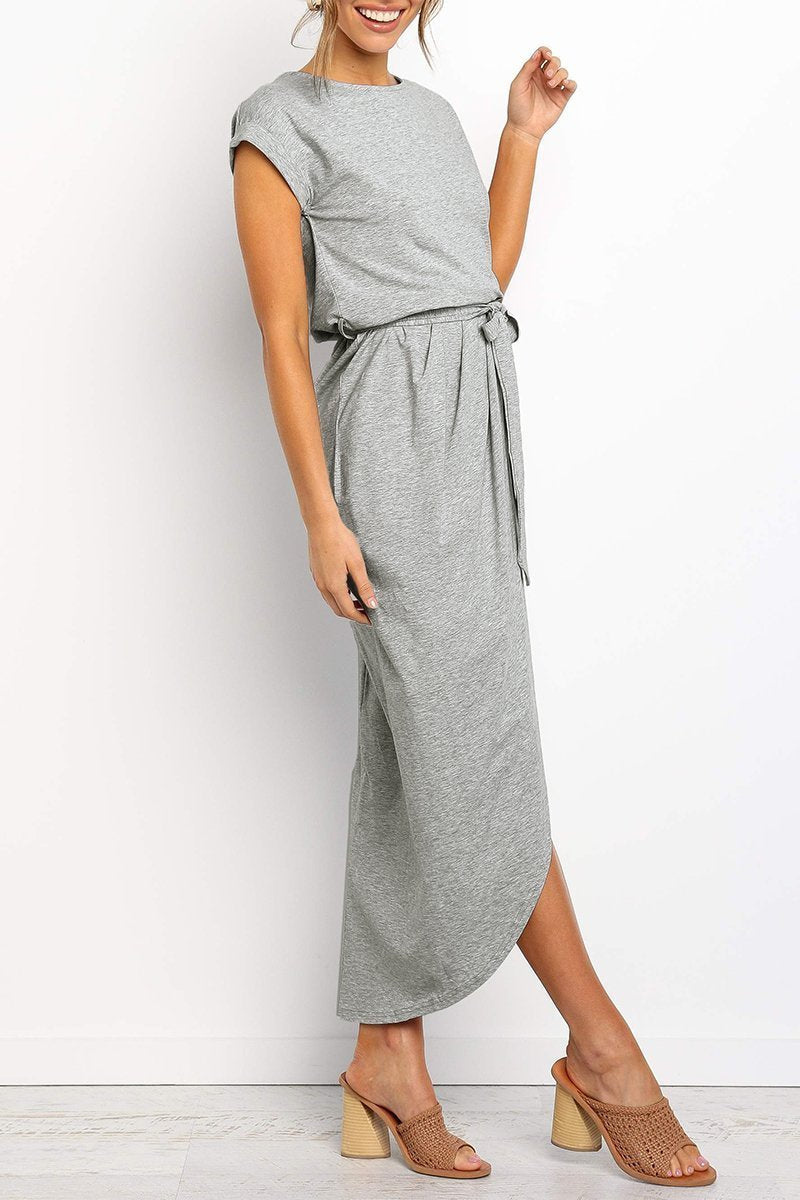 Army Green - Woman wearing a solid short sleeve midi dress with a tie waist and front slit hem