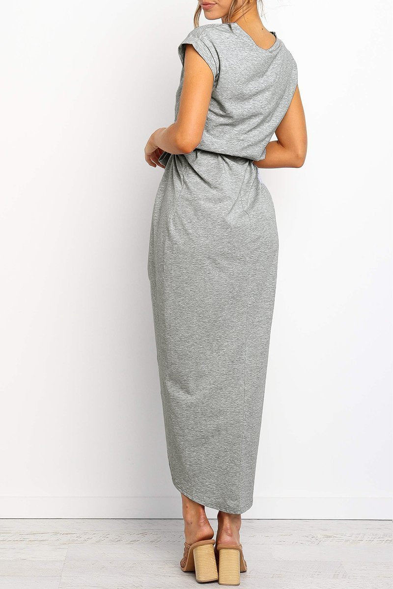 Light Gray - Woman wearing a solid short sleeve midi dress with a tie waist and front slit hem