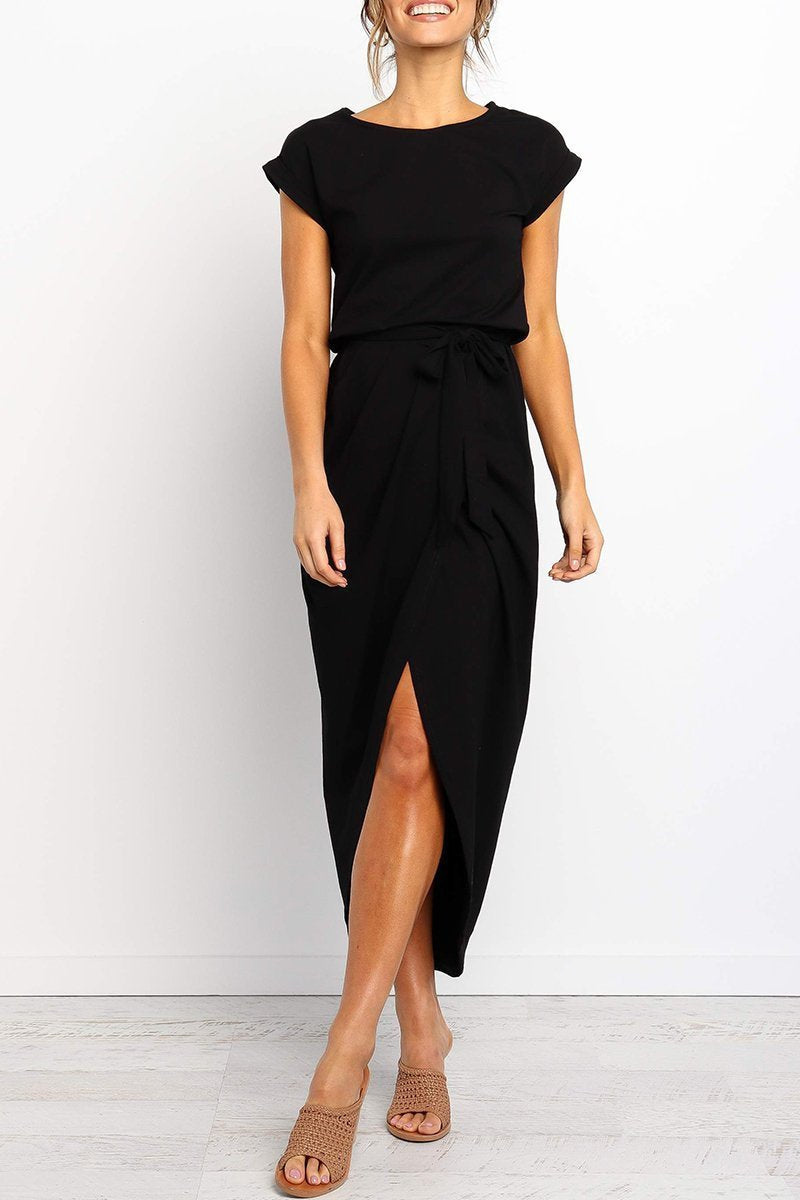 Light Gray - Woman wearing a solid short sleeve midi dress with a tie waist and front slit hem