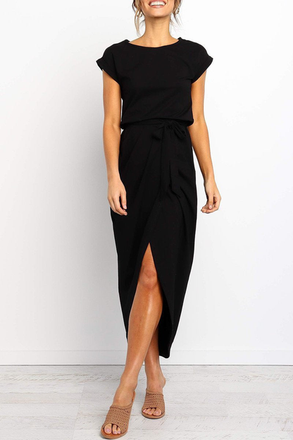 Light Gray - Woman wearing a solid short sleeve midi dress with a tie waist and front slit hem