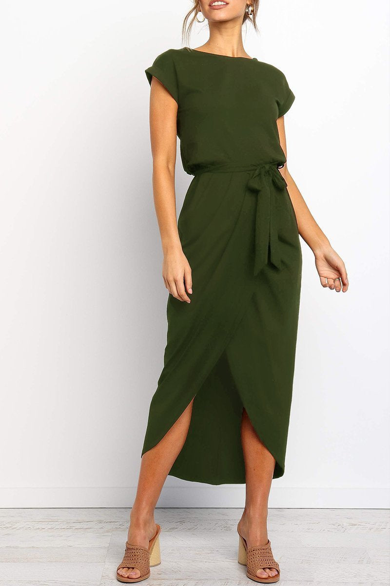 Army Green - Woman wearing a solid short sleeve midi dress with a tie waist and front slit hem