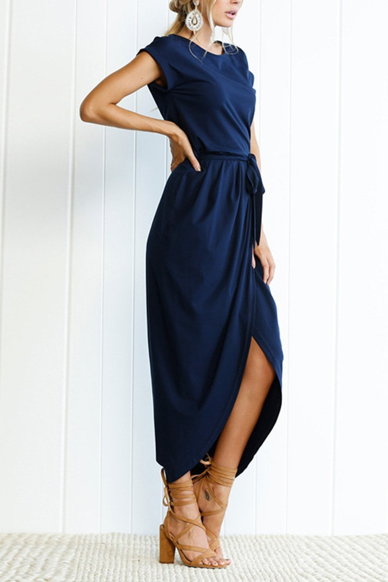 Navy - Woman wearing a solid short sleeve midi dress with a tie waist and front slit hem