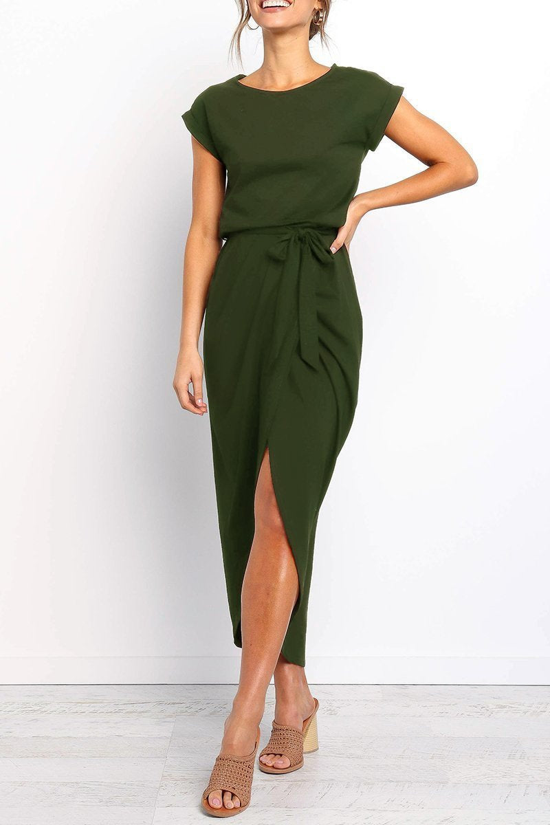 Army Green - Woman wearing a solid short sleeve midi dress with a tie waist and front slit hem